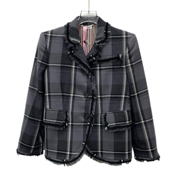 CW0711 Thom Browne Plaid Fringed Wool Blazer Jacket - Picture 1 of 8